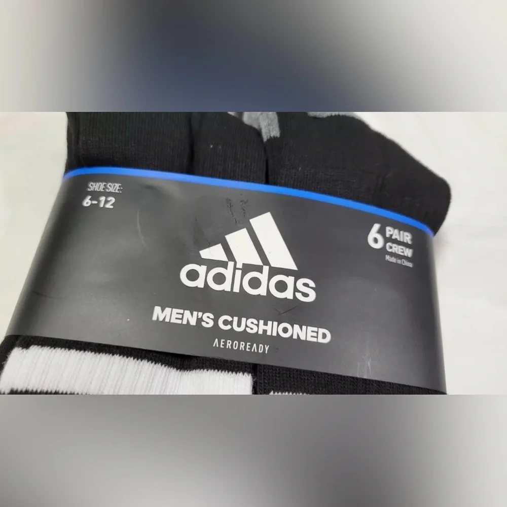 Adidas Men’s Cushioned 3 stripe roller black white crew socks 6 pair pack NEW